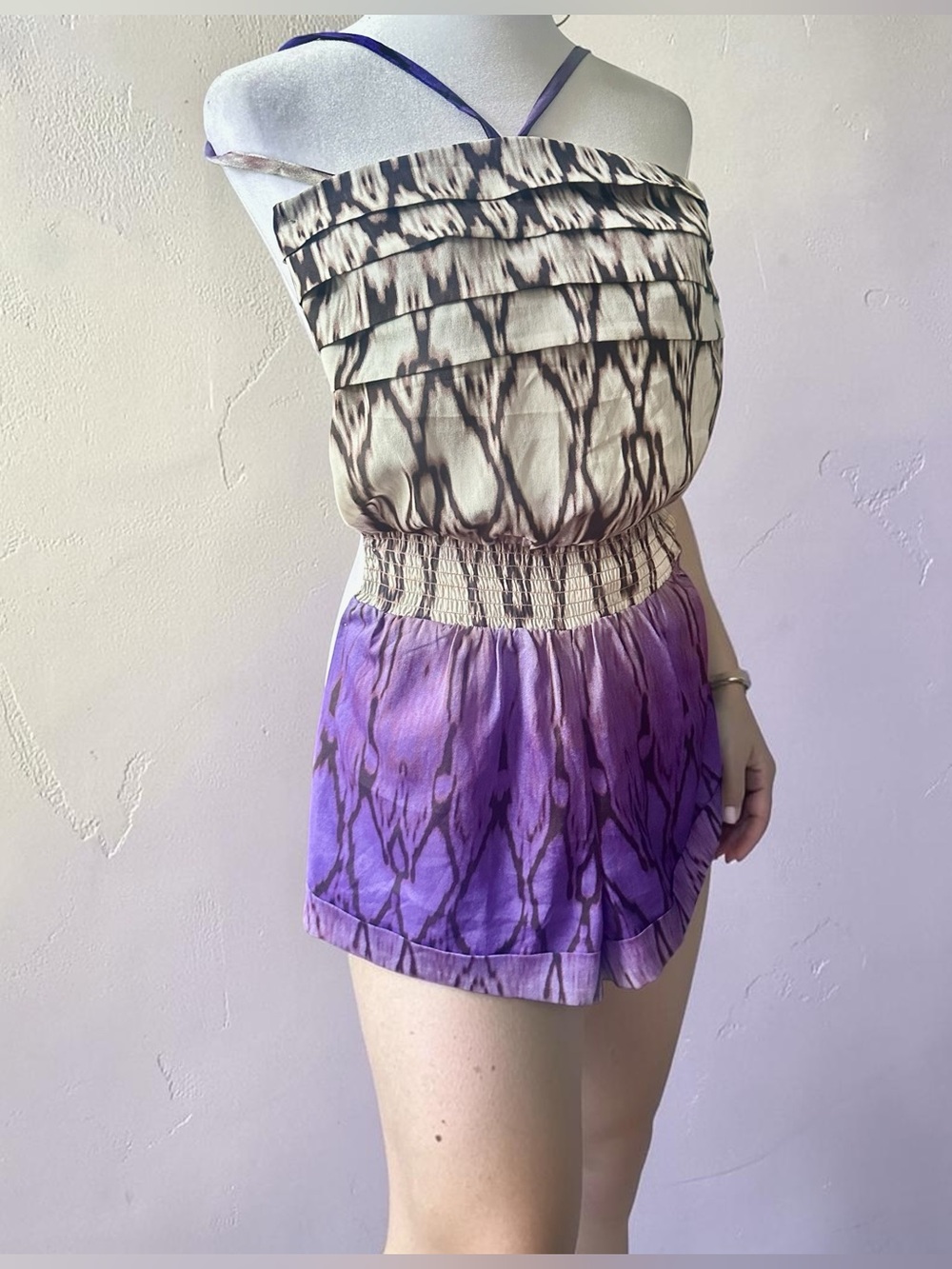 New Bebe Purple Ombre Strapless smoked waist  romper Sundress S